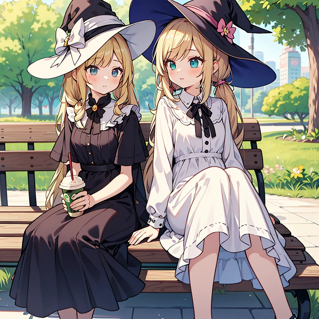 anime style,2girl,
1 of 2:loli girl wearing white witch dress,white_hat,gray twintail hair,
2 of 2:blonde hair,long hair,wearing black witch dress,witch hat,
:
Holding a Starbucks Sakura Frappuccino in park,
sit on bench,side by side,