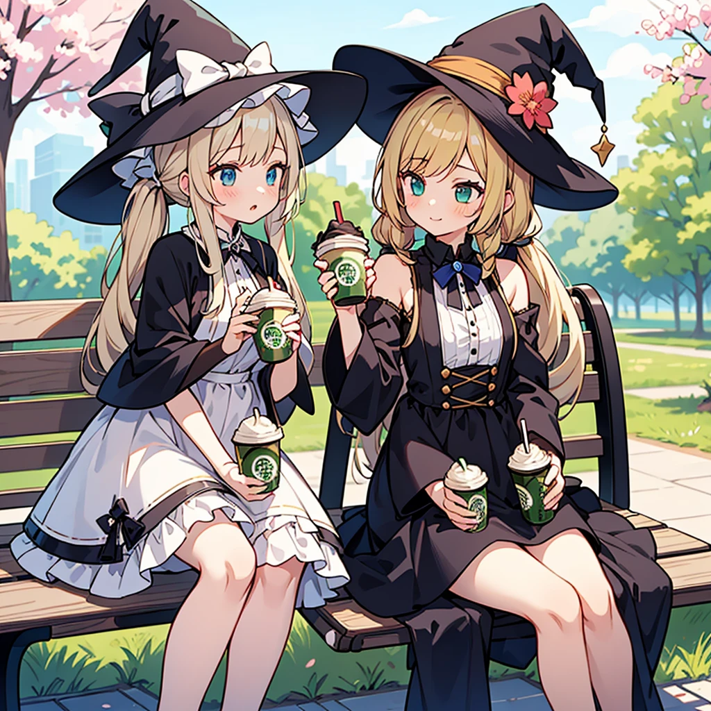 anime style,2girl,
1 of 2:loli girl wearing white witch dress,white_hat,gray twintail hair,
2 of 2:blonde hair,long hair,wearing black witch dress,witch hat,
:
Holding a Starbucks Sakura Frappuccino in park,
sit on bench,side by side,