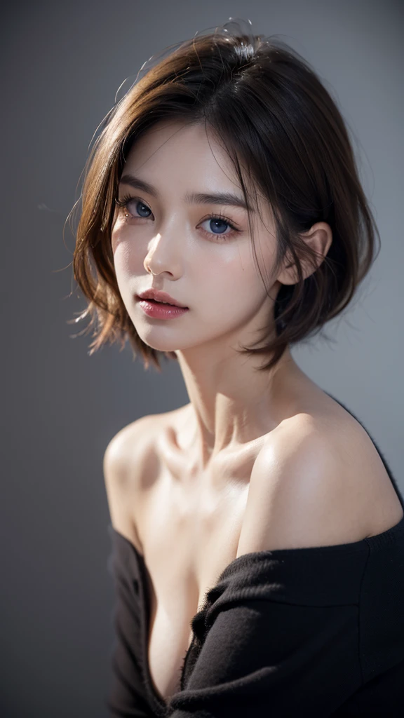 Skin Tight Black Top:1.2、looking at viewert、lighting like a movie、flawless、softlight、High resolution skin:1.2、realistic skin textures、lifelike face、30 year old mature woman、a small face、double eyelid、natural make up、off shoulders、Exposed cleavage、blue eyess、short-hair、dark brown hair、Bust B Cup、fullnude、The background is a gray photo screen