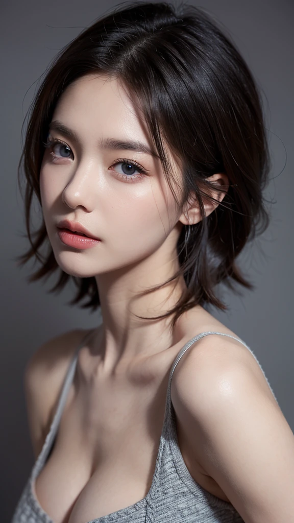 Skin Tight Black Top:1.2、looking at viewert、lighting like a movie、flawless、softlight、High resolution skin:1.2、realistic skin textures、lifelike face、30 year old mature woman、a small face、double eyelid、natural make up、off shoulders、Exposed cleavage、blue eyess、short-hair、dark brown  hair、Bust B Cup、fullnude、The background is a gray photo screen