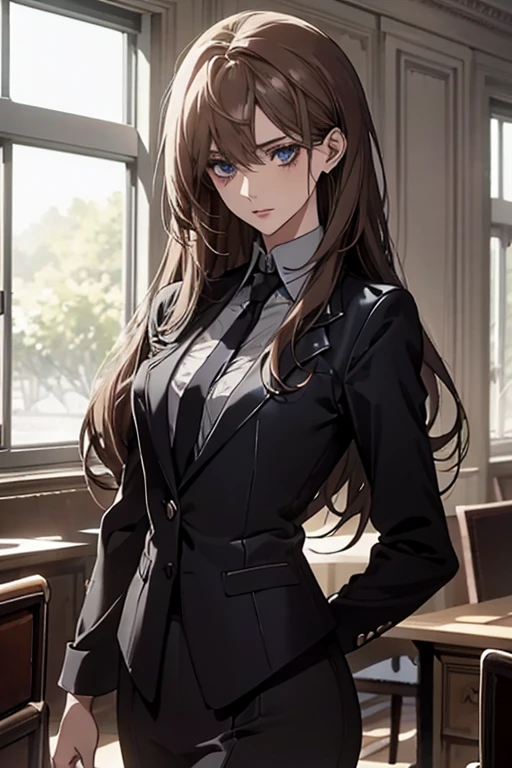 (Highest quality,High resolution,Super detailed),One girl, Beautiful attention to detail, Light blue eyes,Brown Hair, Straight long hair tied back, Wearing a black suit, Mature Woman, Age 25, Calm and composed, Slim figure, Pale complexion, thin, Calm,secretary, In the conference room.