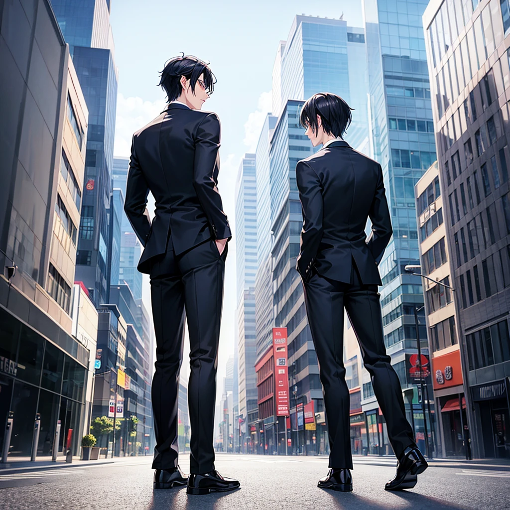 Anime black-haired man in a suit turns his back and stands in the city.