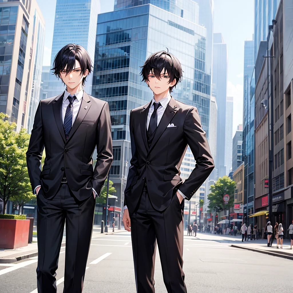 Anime black-haired man in a suit turns his back and stands in the city.