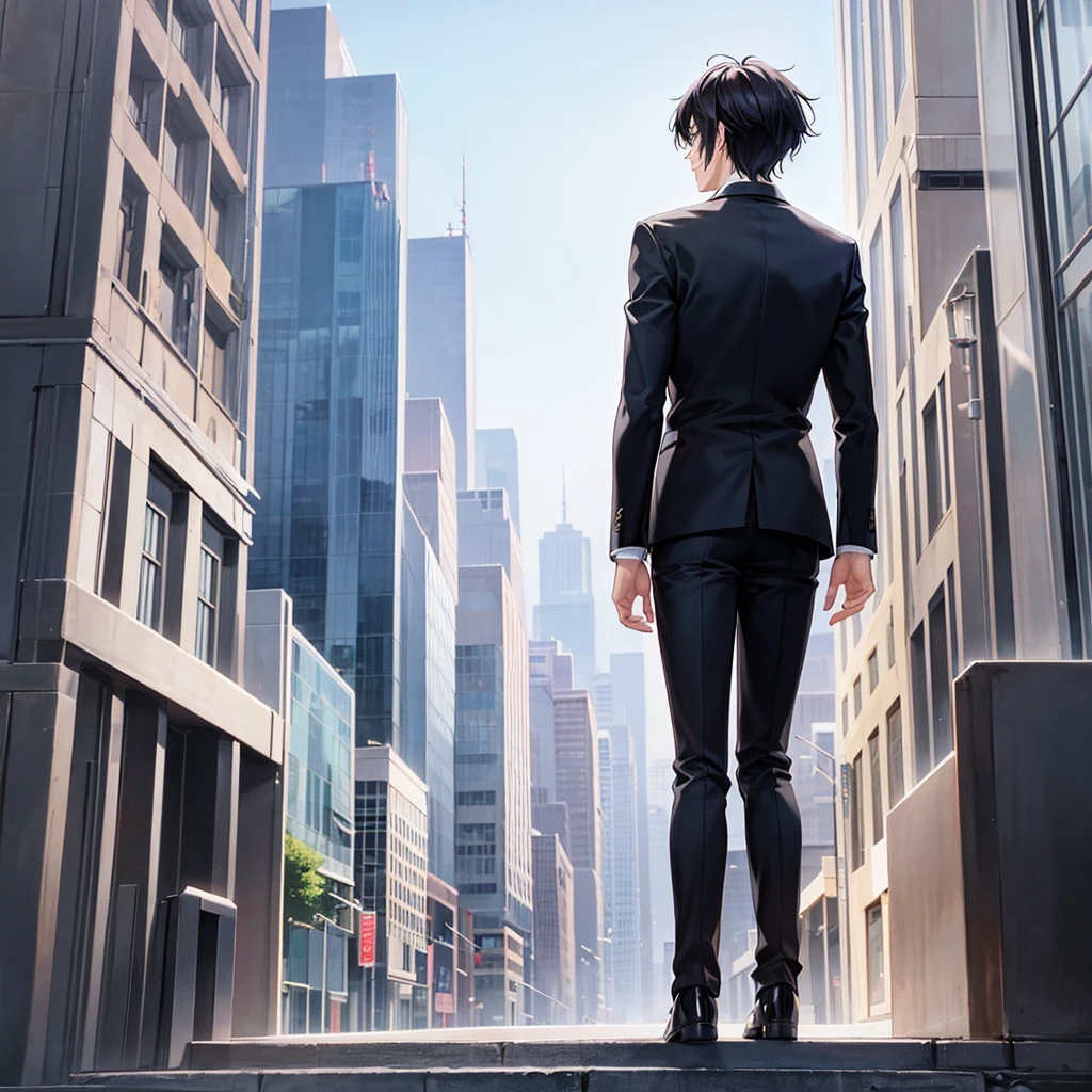 Anime black-haired man in a suit turns his back and stands in the city.