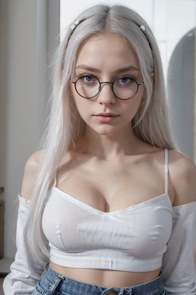 fille blancs , long white hair , gentle face , fine nose , grosses lunettes noires , croptop blanc , wide blue jeans , echarphe noir autour du coup , pouty lips, yeux tombants