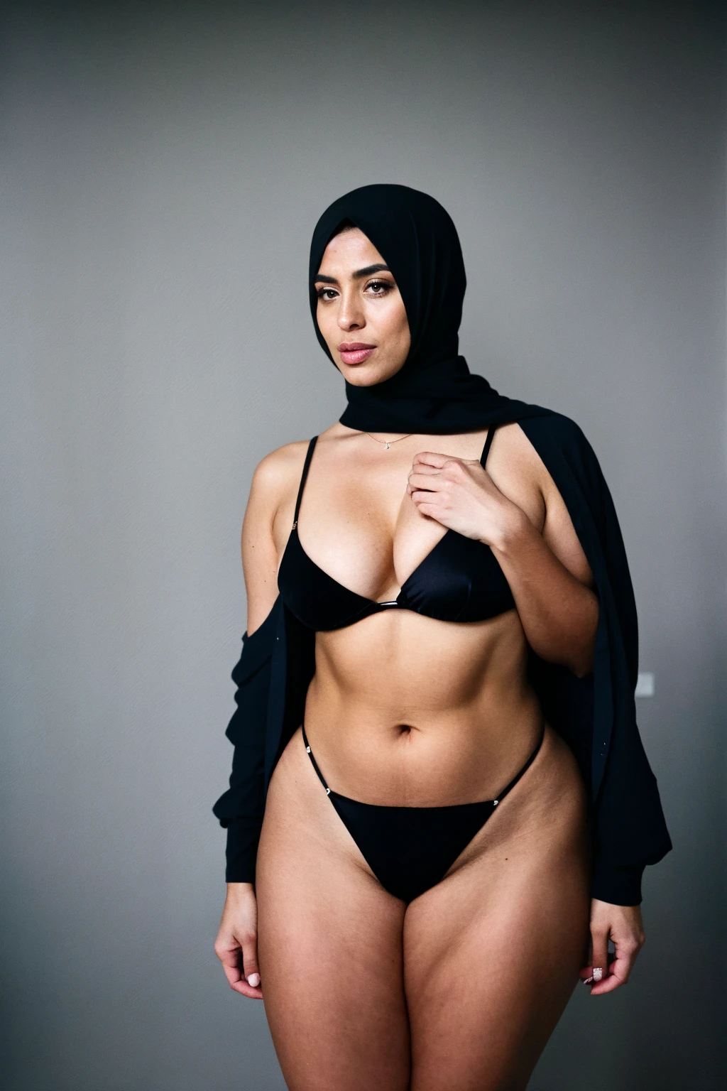 RAW photo,dark,moody,35mm focal lenght,underexposed,cold,candid photograph,artistic,full body,photo of a beautiful,influencer,30yo Arab woman,black hijab,detailed skin,naked, looking at viewer, thick body structure,grey background,no background, candid pose,dim room,blue light, film grain, kodak color, instagram LUT