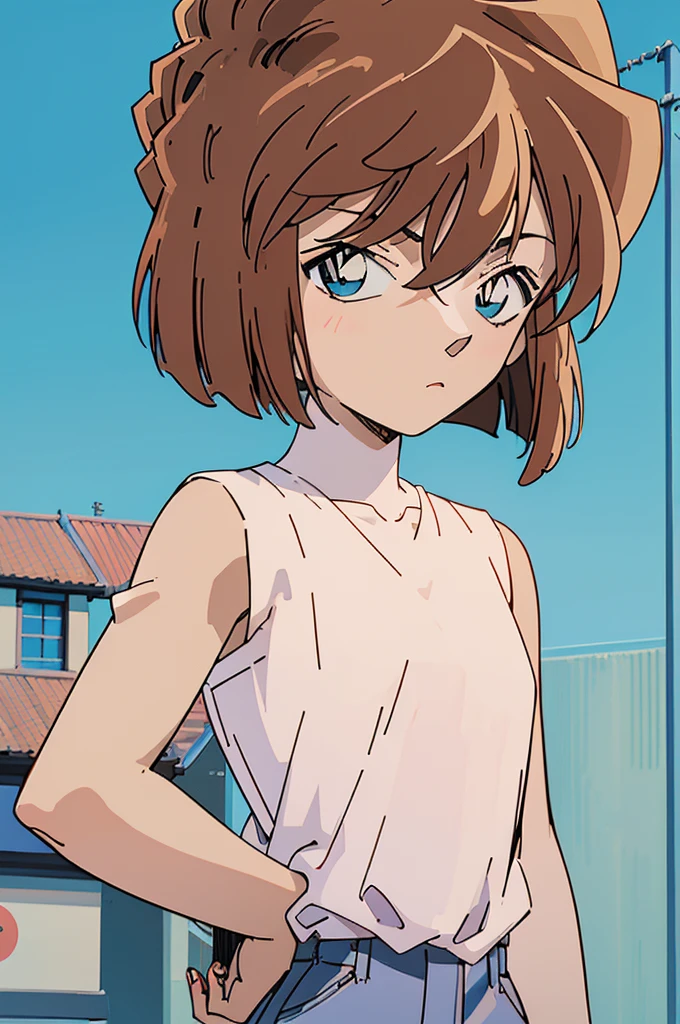 masterpiece, best quality, beautiful face, (street, upper body:1.4), anime style, (1girl in, Solo:1.0), (Haibara Ai), ((Short pants)), (((Big eyes))), (Cute anime girl head), (flat chest),looking at viewer,With a height of 100cm, shoot from front, (head shot), Simple line minimalism, Abstract Art, City background, anime opening movie