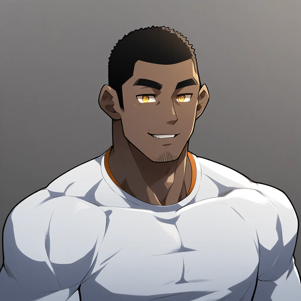anime characters：Gyee, Young Muscle Sports Student, negro black skin, Buzz Cut, Manliness, male focus, Mike White long sleeve tight T-shirt, Slightly transparent texture, Very tight, Slightly transparent, muscular male, muscular, only, Upper body, alone, Black short hair, Thick eyebrows, stubble, Yellow eyes, Grey background, simple background, amazing quality, best aesthetics, Ridiculous, bright pupils, crew cut, parted lips, seductive smile, torogao, naughty face, best quality