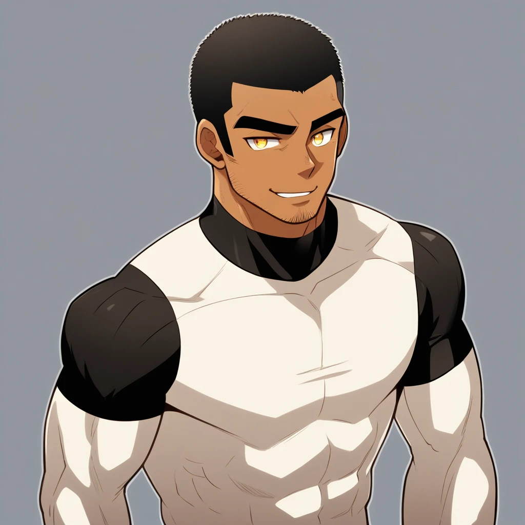 anime characters:Gyee, Young Muscle Sports Student, negro black skin, Buzz Cut, Manliness, male focus, Mike White long sleeve tight T-shirt, Slightly transparent texture, Very tight, Slightly transparent, muscular male, muscular, only, Upper body, alone, Black short hair, Thick eyebrows, stubble, Yellow eyes, Grey background, simple background, amazing quality, best aesthetics, Ridiculous, bright pupils, crew cut, parted lips, seductive smile, torogao, naughty face, best quality