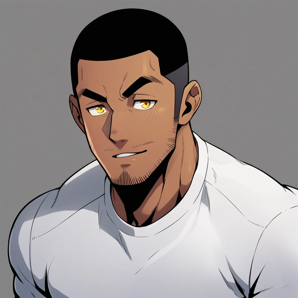 anime characters:Gyee, Young Muscle Sports Student, ????? black skin, Buzz Cut, Manliness, male focus, Mike White long sleeve tight T-shirt, Slightly transparent texture, Very tight, Slightly transparent, muscular male, muscular, only, Upper body, alone, Black short hair, Thick eyebrows, stubble, Yellow eyes, Grey background, simple background, amazing quality, best aesthetics, Ridiculous, bright pupils, crew cut, parted lips, seductive smile, torogao, naughty face, best quality