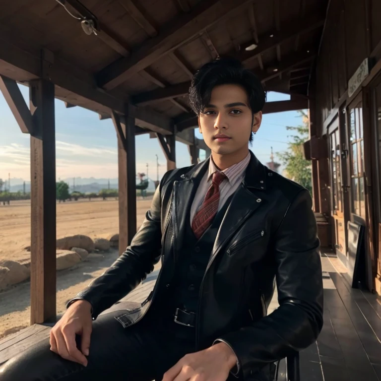 Aarav looks at the camera, perfect has a round face, A well-maintained model, handsome face,Close-up of a man wearing a black leather jacket., Southeast Asians with round faces, 3-D profile picture, 8K, 45,000,000 pixcls, realistic light colors
