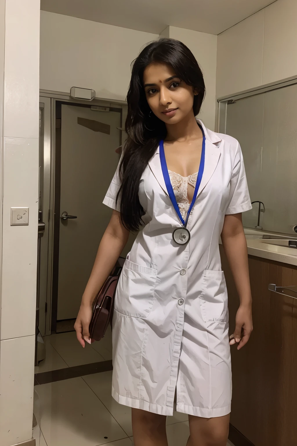 indian hot lady doctor with stethoscope, at hospital