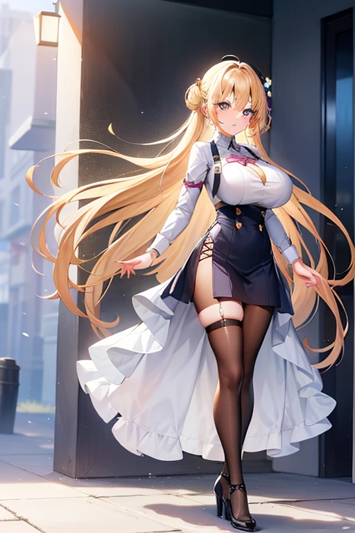 Big City, Mature female, Blonde hair, faint blush, visible through the hair, excited, Bright Eyes, Large Breasts, (((Full and soft breasts,)))(((Huge breasts))) (((Cleavage))),, thigh,Anime - Woman in White，Stretch out your arms，She stretched out her hands, White-haired god, 动漫女人Full body art, 美丽的Whole body concept艺术, Azur route style, Anime Goddess, The Opai of Biomechanics, Full body art, Whole body concept, Whole body concept art