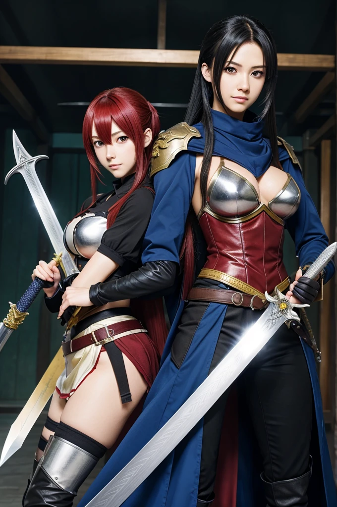 Two anime characters with swords and equipments