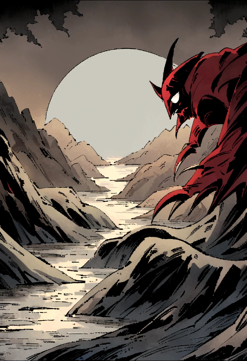 Please write a scene where a red demon scares a woman.。The demon is tall、Covered entirely in tattered white cloth。Only the face is visible through the fabric.。They have sharp eyes and long, pointed claws.、The background is an old bridge。Orientation is landscape。The painting style is Japanese