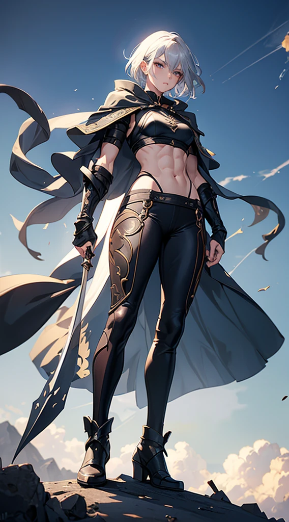 Highest quality、masterpiece、8K、Realistic、超High resolution、Very delicate and beautiful、High resolution、Fantasy、Muscle Girl、Perfect female body、Neutral women、Gray Hair、Short Hair、Toned body、Cape、Clothing with low exposure、pants、boots、cigarette、Wild Pose、Full body emphasis、Simple Background、Angry、Swordsman