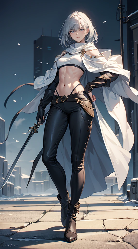 Highest quality、masterpiece、8K、Realistic、超High resolution、Very delicate and beautiful、High resolution、Fantasy、Muscle Girl、Perfect female body、Neutral women、Gray Hair、Short Hair、Toned body、Cape、Clothing with low exposure、pants、boots、cigarette、Wild Pose、Full body emphasis、Simple Background、Angry、Swordsman