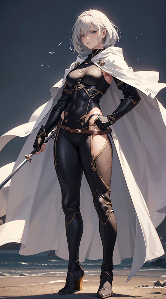 Highest quality、masterpiece、8K、Realistic、超High resolution、Very delicate and beautiful、High resolution、Fantasy、Muscle Girl、Perfect female body、Neutral women、Gray Hair、Short Hair、Toned body、Cape、Clothing with low exposure、pants、boots、cigarette、Wild Pose、Full body emphasis、Simple Background、Angry、Swordsman