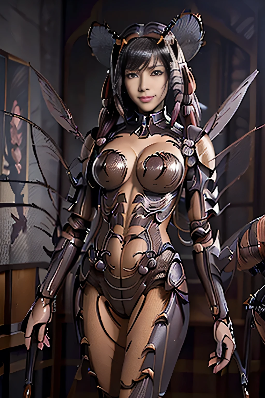 (high resolution,masterpiece,best quality,extremely detailed CG, anime, official art:1.4), realistic, photo, amazing fine details, all intricate, gloss and shiny,awesome many layers, 8k wall paper, 3d, sketch, kawaii, illustration,( solo:1.4), perfect female proportion,villainess, (fusion of dark brown cockroach and lady:1.4), (brown cockroach form lady:1.2), (brown cockroach lady:1.2), (fusion:1.2), (solo:1.4), (evil smile:1.2), muscular, abs, (cockroach brown exoskeleton bio insect suit:1.4), (cockroach brown exoskeleton bio insect armor:1.2), (brown transparency cockroach wing:1.4), (brown cockroach antennae:1.3),