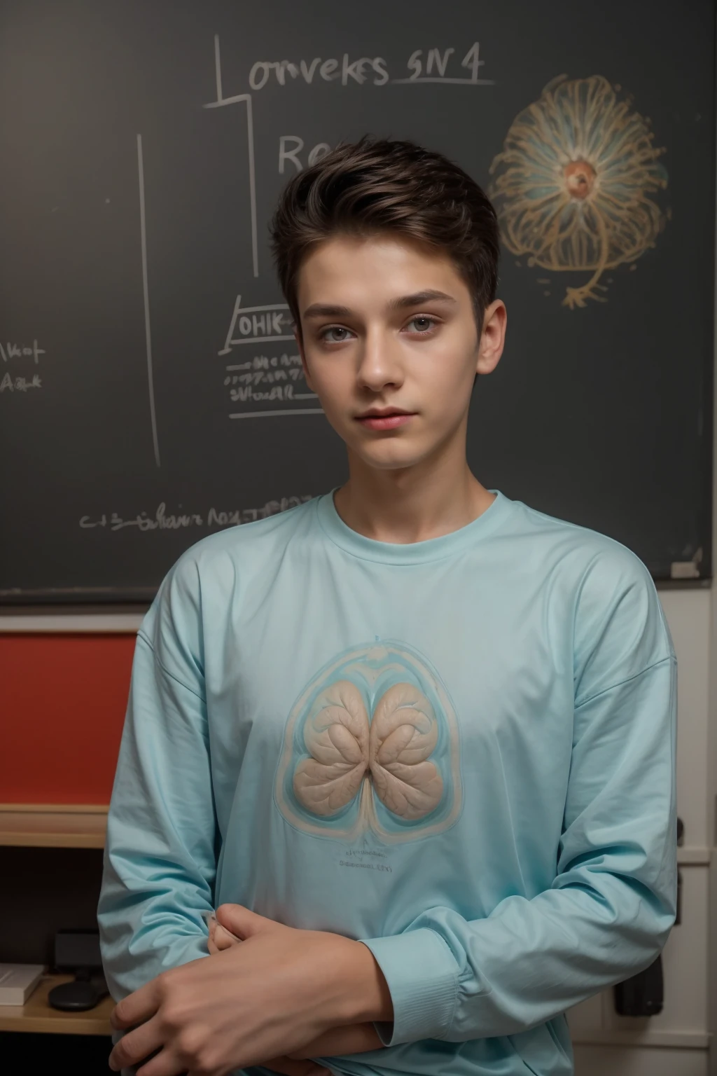 A beautiful young man, a cute male twink, with black hair, a face with reddish make-up, wearing a bright white long-sleeved shirt and aqua blue pants. He is in his office, and behind him is a blackboard on which is written the shape of the brain and its ???????, and nuclear energy comes out of it.