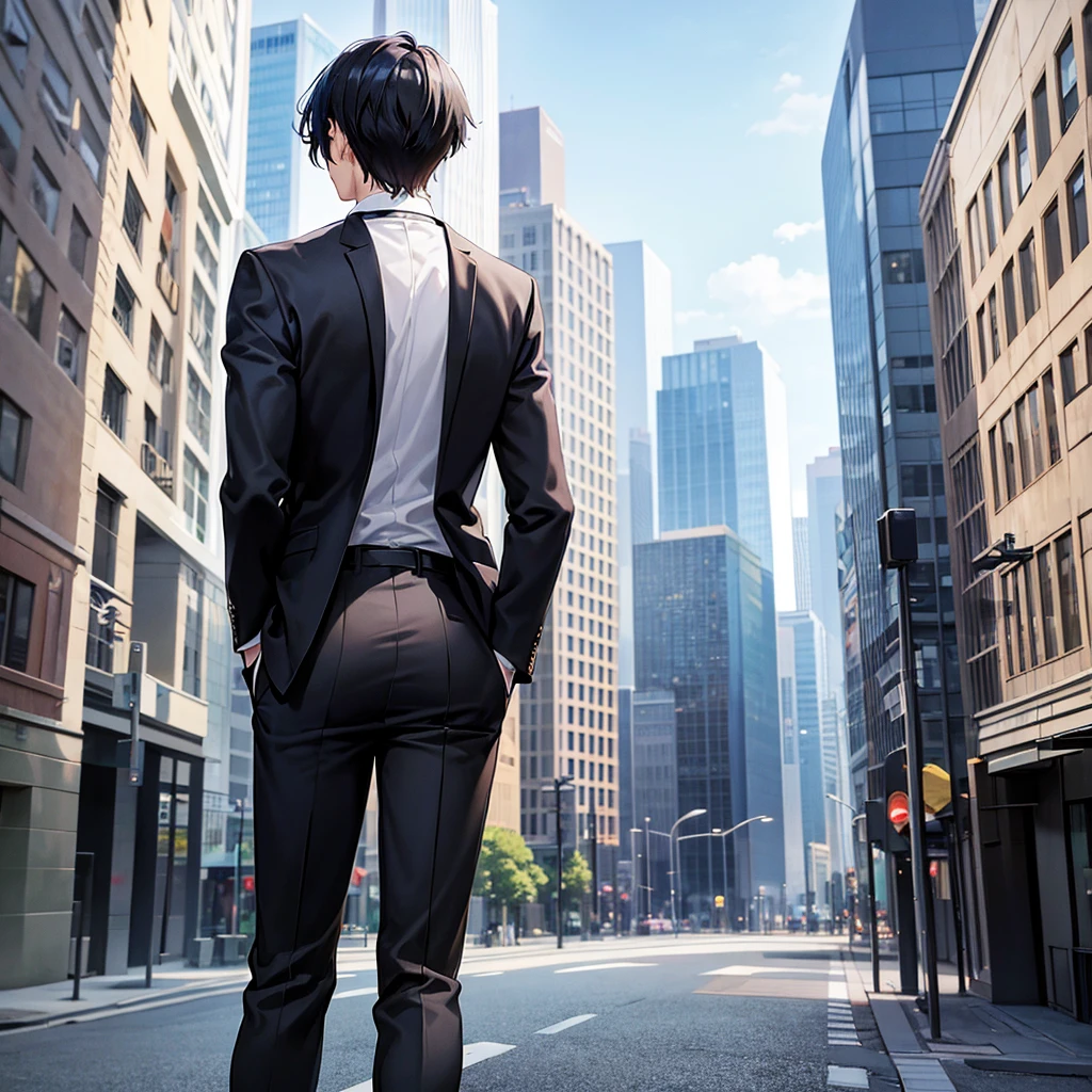Anime black-haired man in a suit turns his back and stands in the city.