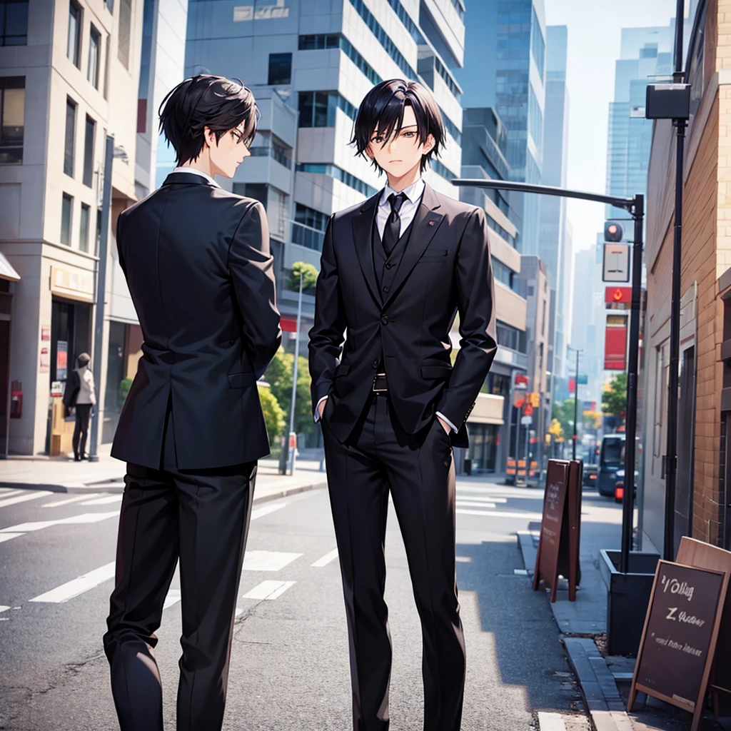 Anime black-haired man in a suit turns his back and stands in the city.