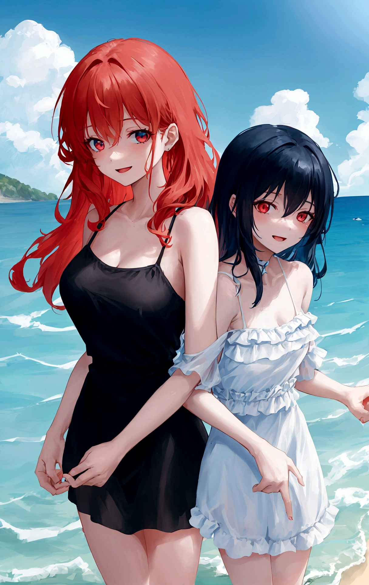 two women on the beach which has clear blue water, bright shining skies. . The first woman has long black hair and red eyes and wears a light red beach dress, while the second woman has short blonde hair and blue eyes and wears a light blue beach dress.they were both playing in the water and smiling brightly