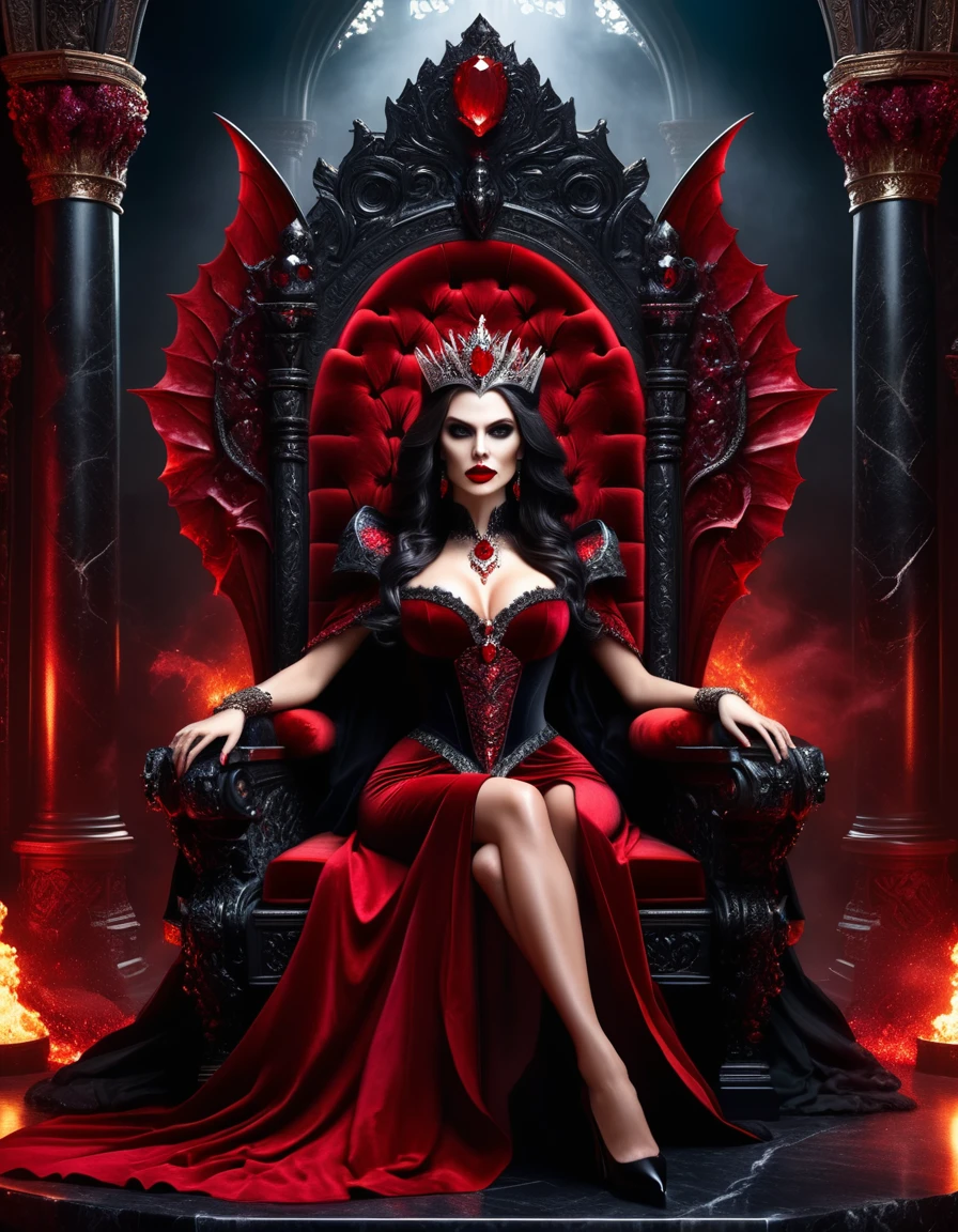 a picture of a vampire queen sitting on her dark throne, a (vampire queen: 1.1) wearing dark red dress, royal dress, dynamic hair, bold intense eyes, extremely exquisite beautiful queen, perfect body, (anatomically corect: 1.3), ultra feminine, ultra detailed face, red lips, red glowing eyes, she sits on a dark frightful, a throne of fear, and might, throne carved from black marble , legendary symmetric design, with (many carvings in the marble: 1.3), skulls on the handles, decorated with rubies, and opal gems, dark fantasy hall room background, (masterpiece: 1.4) intense details, highly detailed, photorealistic, best quality, highres,16k, [ultra detailed], masterpiece, best quality, (extremely detailed), close up, ultra wide shot, photorealistic, RAW, fantasy art, dnd art, fantasy art, realistic art,((best quality)), ((masterpiece)), (detailed: 1.5), ladyshadow, RagingNebula