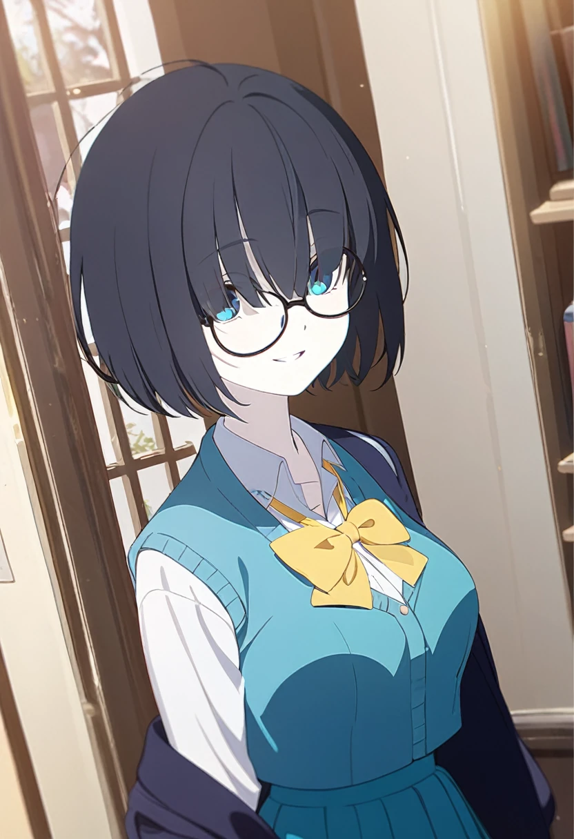 1girl, , turquoise vest, collared shirt, yellow bowtie, open jacket, blue skirt, black-framed eyewear, pleated skirt, black hair, turquoise bangs, very short hair, hair over eyes, pale skin, medium breasts, turquoise eye, smile, school (masterpiece), best quality, anime style
