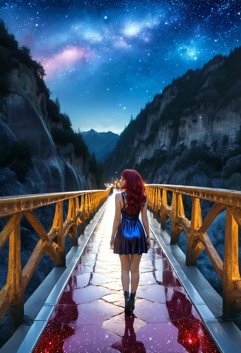 hdr, best image, 8k, photo 3;1, of A beautiful woman, blue latex dress, below the knee, long purple hair, 'black shoes', standing in 1; narrow bridge, white ivory with GOLD, red tile floor, high, over the mountains, descending to the infinity of the universe, stars of the cosmos, universe, giant mountain