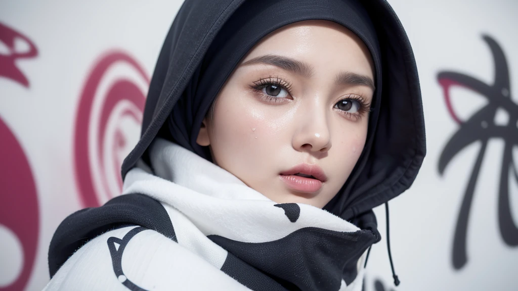 1girl, solo, pretty face, eyelashes, nose, glossy lips, (detailed eyes, looking at viewer, fair skin, white skin: 1.5), smooth skin, wearing hijab, 8k portrait of beauty in hijab, intricate, graceful, highly detailed, majestic, digital photography, hyper realistic, Masterpiece, Best Quality, All parts of the body except the face and hands are covered with clothing, Tudung, ((do not let the hair come out of the hijab)), full hijab, ((all parts of the body covered by clothes except the face)), Best Quality, (graffiti:1.5), paint splatter, jacket, On wall, paint can, looking at viewer, head slanted, clothing color (Wear a hooded military uniform), cyberpunk city