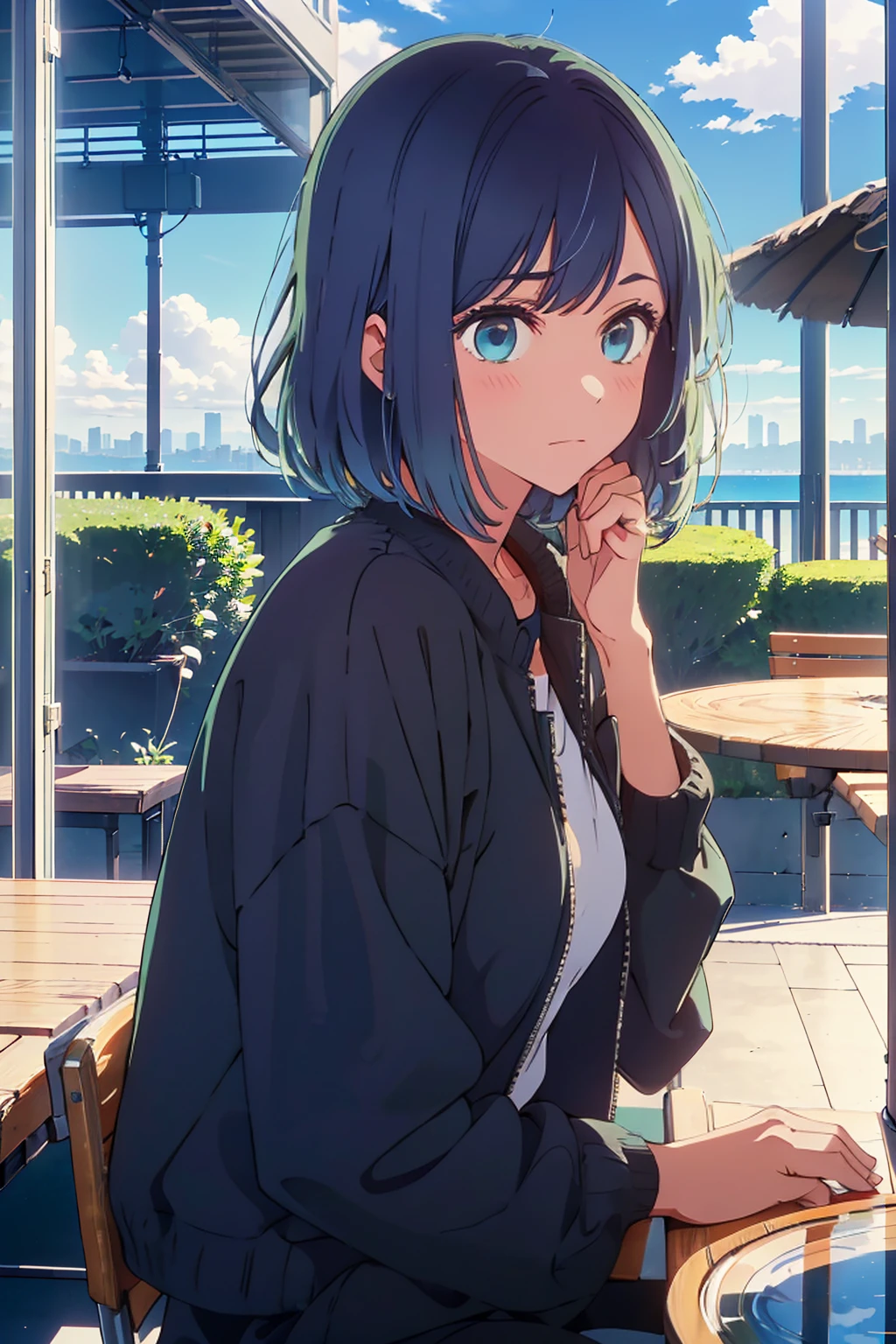 (Highest quality:1.4、masterpiece:1.4、超detailed:1.4、Ultra-high resolution:1.4、Absurd:1.4、Absolute Resolution:1.4、8K:1.4、detailed:1.4)、F cup bust、Big Breasts、Slim body、Very white beautiful skin、((((1 person、Surprised expression、sit、Chair、In the background are the urban buildings of Tokyo、looking at the camera、Outdoor café terrace、Navy hair color、juice、Shooting up close、Shooting from an angle、table、Very cute face))))、((((nude、very beautiful areola))))、(Pose with hands tucked behind ears:1.4、Cheek resting on hand:1.4)、(Off-the-shoulder blouson、Black blouson with zipper)、Very blue sky、A completely cloudless sky