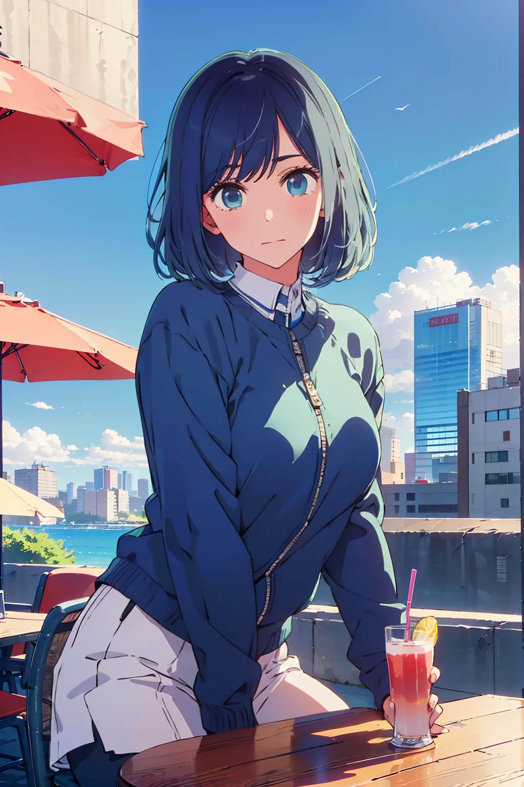 (Highest quality:1.4、masterpiece:1.4、超detailed:1.4、Ultra-high resolution:1.4、Absurd:1.4、Absolute Resolution:1.4、8K:1.4、detailed:1.4)、F cup bust、Big Breasts、Slim body、Very white beautiful skin、((((1 person、Surprised expression、sit、Chair、In the background are the urban buildings of Tokyo、looking at the camera、Outdoor café terrace、Navy hair color、juice、Shooting up close、Shooting from an angle、table、Very cute face))))、((((nude、very beautiful areola))))、(Pose with hands tucked behind ears:1.4、Cheek resting on hand:1.4)、(Off-the-shoulder blouson、Black blouson with zipper)、Very blue sky、A completely cloudless sky