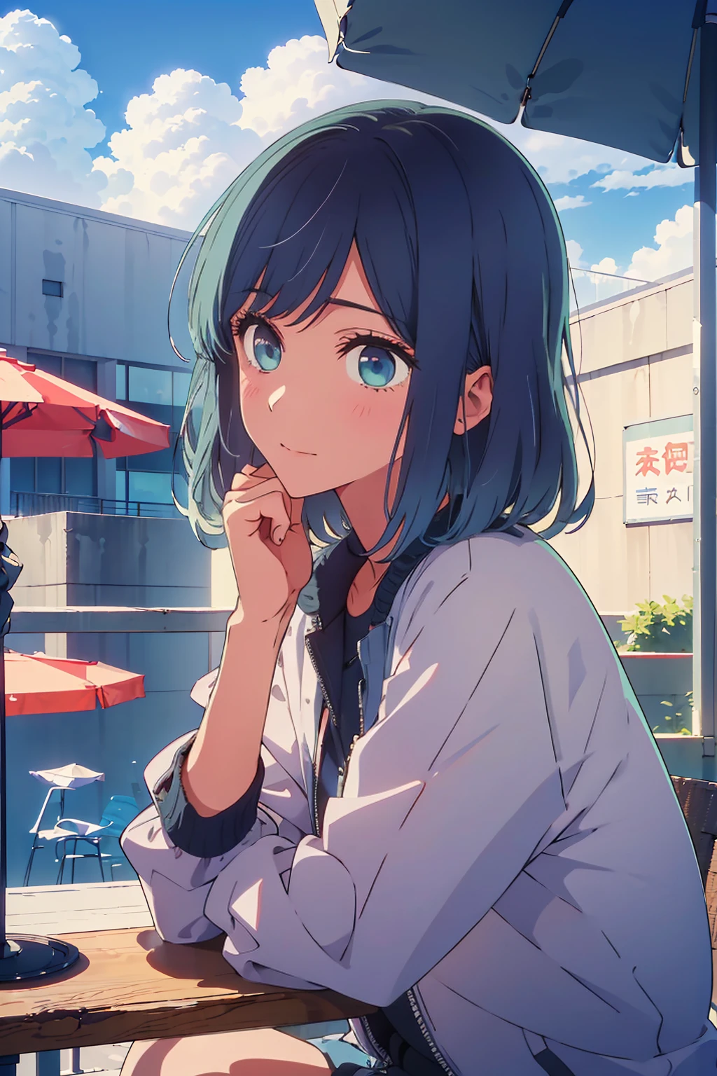 (Highest quality:1.4、masterpiece:1.4、超detailed:1.4、Ultra-high resolution:1.4、Absurd:1.4、Absolute Resolution:1.4、8K:1.4、detailed:1.4)、F cup bust、Big Breasts、Slim body、Very white beautiful skin、((((1 person、Surprised expression、sit、Chair、In the background are the urban buildings of Tokyo、looking at the camera、Outdoor café terrace、Navy hair color、juice、Shooting up close、Shooting from an angle、table、Very cute face))))、((((nude、very beautiful areola))))、(Pose with hands tucked behind ears:1.4、Cheek resting on hand:1.4)、(Off-the-shoulder blouson、Black blouson with zipper)、Very blue sky、A completely cloudless sky