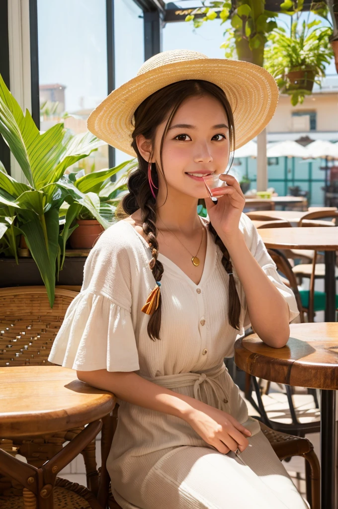 The image prompt in English could be:
"A girl sitting at a cafe counter, wearing a straw hat with a colorful ribbon, with braided hair, enjoying a drink with a straw. The background shows a cozy cafe interior with warm lighting and plants."