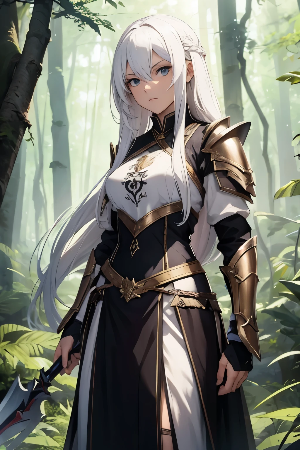 female with long white hair, mystic in plate armor with a glaive, she stands alert in a forest
