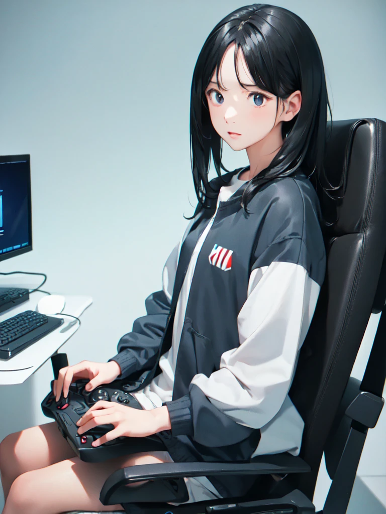 1girl,blank background,looking at viewer,black hair,gamer,gaming