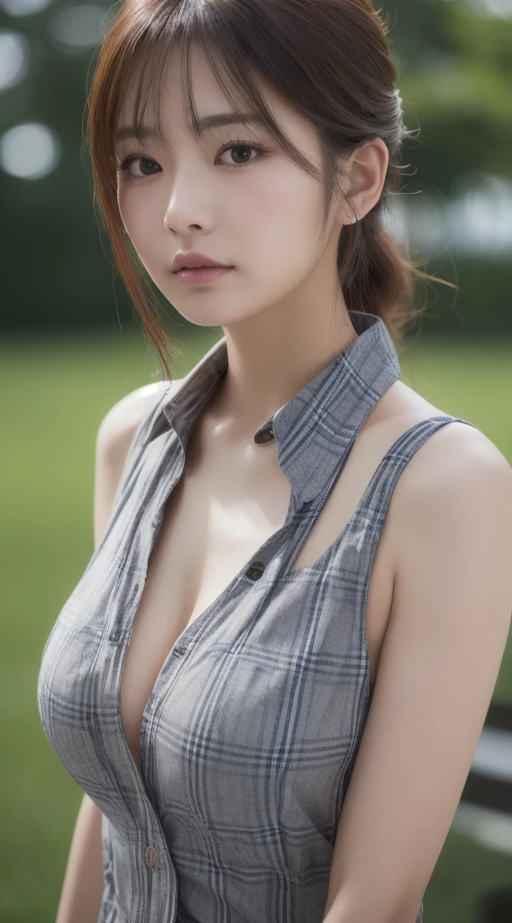 (bestquality,4k,8k,highres,masterpiece:1.2),ultra-detailed,(realistic,photorealistic,photo-realistic:1.37),selfie,(upper body),beautiful Japanese woman,wearing a checkered button-up shirt over a tank top,ample bosom,sad expression,talk room,early summer,cloudy sky,bokeh background