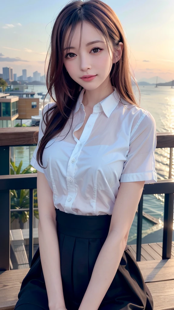 (8k, RAW photo, best quality, masterpiece:1.2), (realistic, photo-realistic:1.37), ultra-detailed, 1 girl,cute, solo,beautiful detailed sky,detailed cafe,night,sitting,dating,(nose blush),(smile:1.1),(closed mouth), medium breasts,beautiful detailed eyes,(collared shirt:1.1), bowtie,pleated skirt,(short hair:1.2),floating hair
