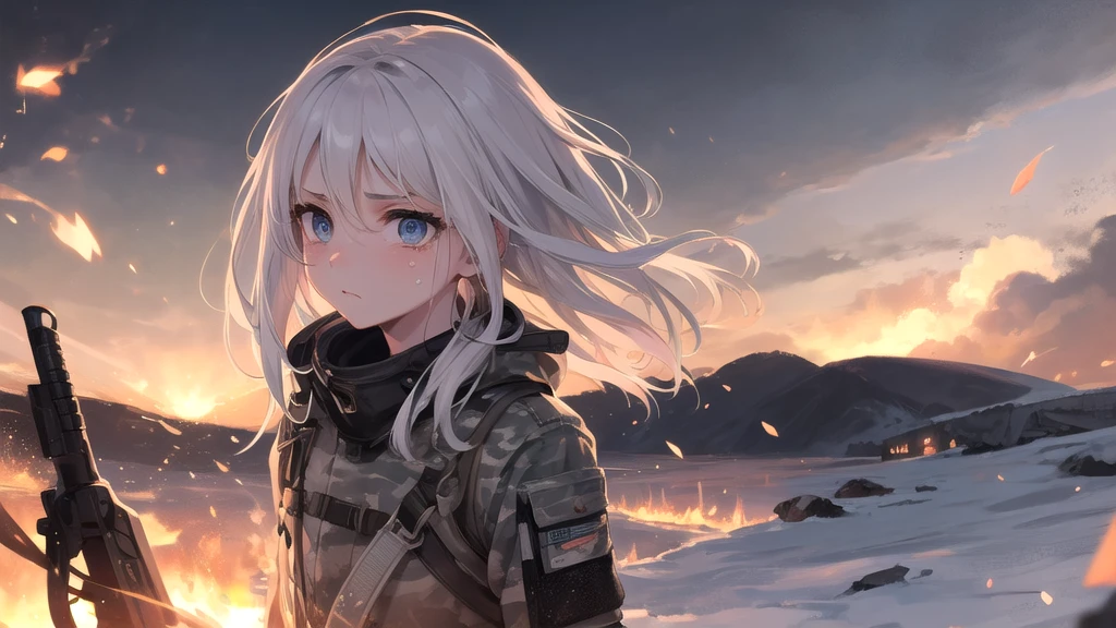 masterpiece:1.2), best quality , 独奏 ,pixiv, anime girl ，long straight white hair , black eyes ,Wearing off-white camouflage uniform ,ten years old，modern battlefield，(Eyes looking into the distance:1.3)，(look away:1.5)，snowy weather，dirty face，The background is a sea of fire with blood on the forehead，dirty face，Backlight，Bare rocky peaks ,Fierce flames are burning，The expression is sad，bullets flying，leave tears