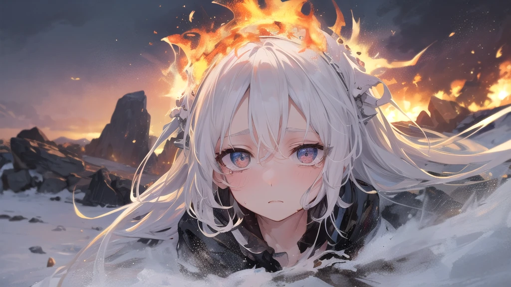 masterpiece:1.2), best quality , 独奏 ,pixiv, anime girl ,long straight white hair , black eyes ,Wearing off-white camouflage uniform ,ten years old,modern battlefield,(Eyes looking into the distance:1.3),(look away:1.5),snowy weather,dirty face,The background is a sea of fire with blood on the forehead,dirty face,Backlight,Bare rocky peaks ,Fierce flames are burning,The expression is sad,bullets flying,leave tears