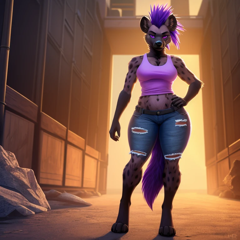 ((masterpiece)), ((Excellent quality)), alone, (((1girl))), taller size, black body, black hyena fur with purple body markings, long mohawk purple hair, purple eyes, female hyena, hyena snout, wearing, white tank top, ripped pants, (female, furry, anthro), average breasts, big hip, big thighs, 8k, ultra-HD.