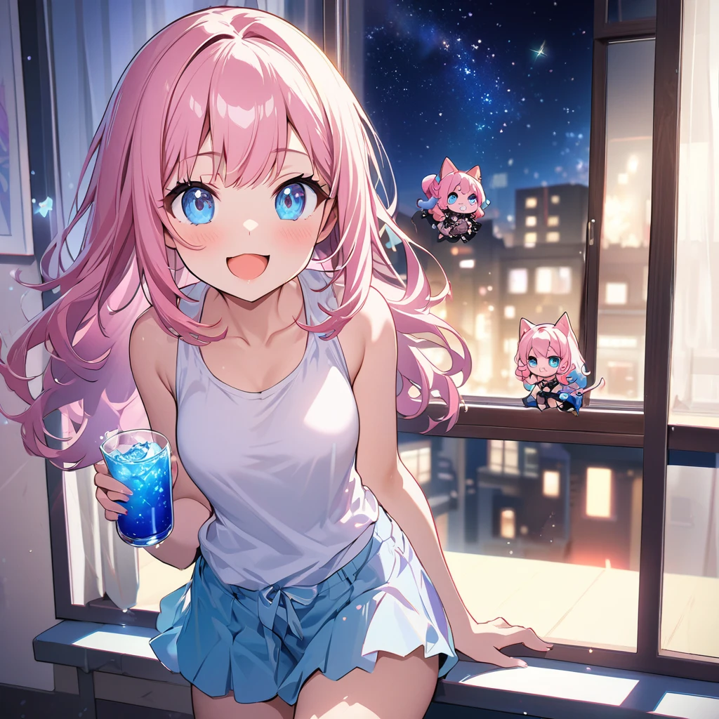 masterpiece、Highest quality、Depth of subject、2D illustration、1 beautiful girl、独奏, (((chibi style)))、((night)), ((window)), ((starry sky)), Long, beautiful hair、Shiny pink hair、cute、Beautifully detailed eyes、((Tank top))、a glass of blue soda, ((colorful))、mini skirt、((happy smile))、((cat cluster)), ((close up shot))、((in the room))、((There's a lot of pink around))、Thighs、((vivid color))、sparkle、((Lens flare))、