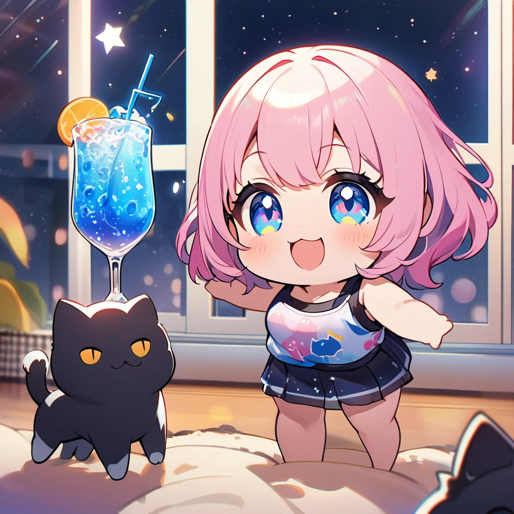 masterpiece、Highest quality、Depth of subject、2D illustration、1 beautiful girl、独奏, (((chibi style)))、((night)), ((window)), ((starry sky)), Long, beautiful hair、Shiny pink hair、cute、Beautifully detailed eyes、((Tank top))、a glass of blue soda, ((colorful))、mini skirt、((happy smile))、((cat cluster)), ((close up shot))、((in the room))、((There's a lot of pink around))、Thighs、((vivid color))、sparkle、((Lens flare))、