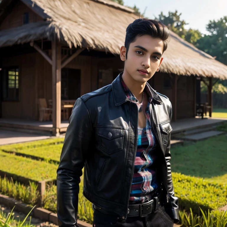 Aarav looks at the camera, perfect has a round face, A well-maintained model, handsome face,Close-up of a man wearing a black leather jacket., Southeast Asians with round faces, 3-D profile picture, 8K, 45,000,000 pixcls, realistic light colors
