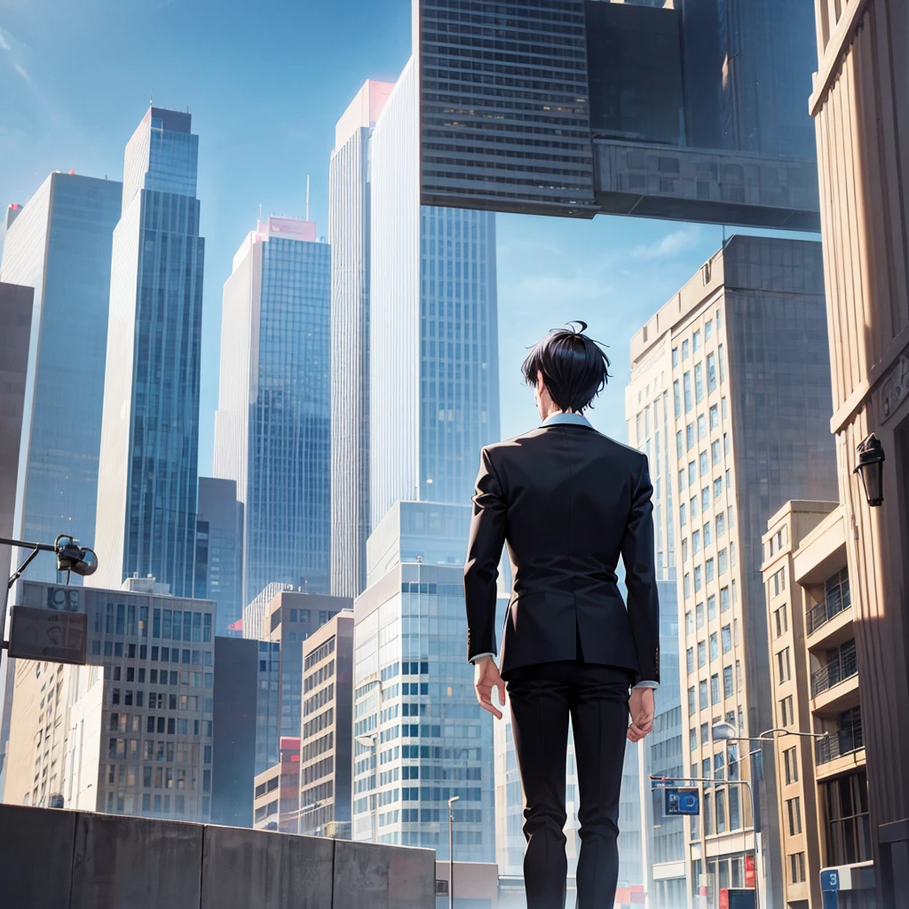 Anime black-haired man in a suit turns his back and stands in the city.