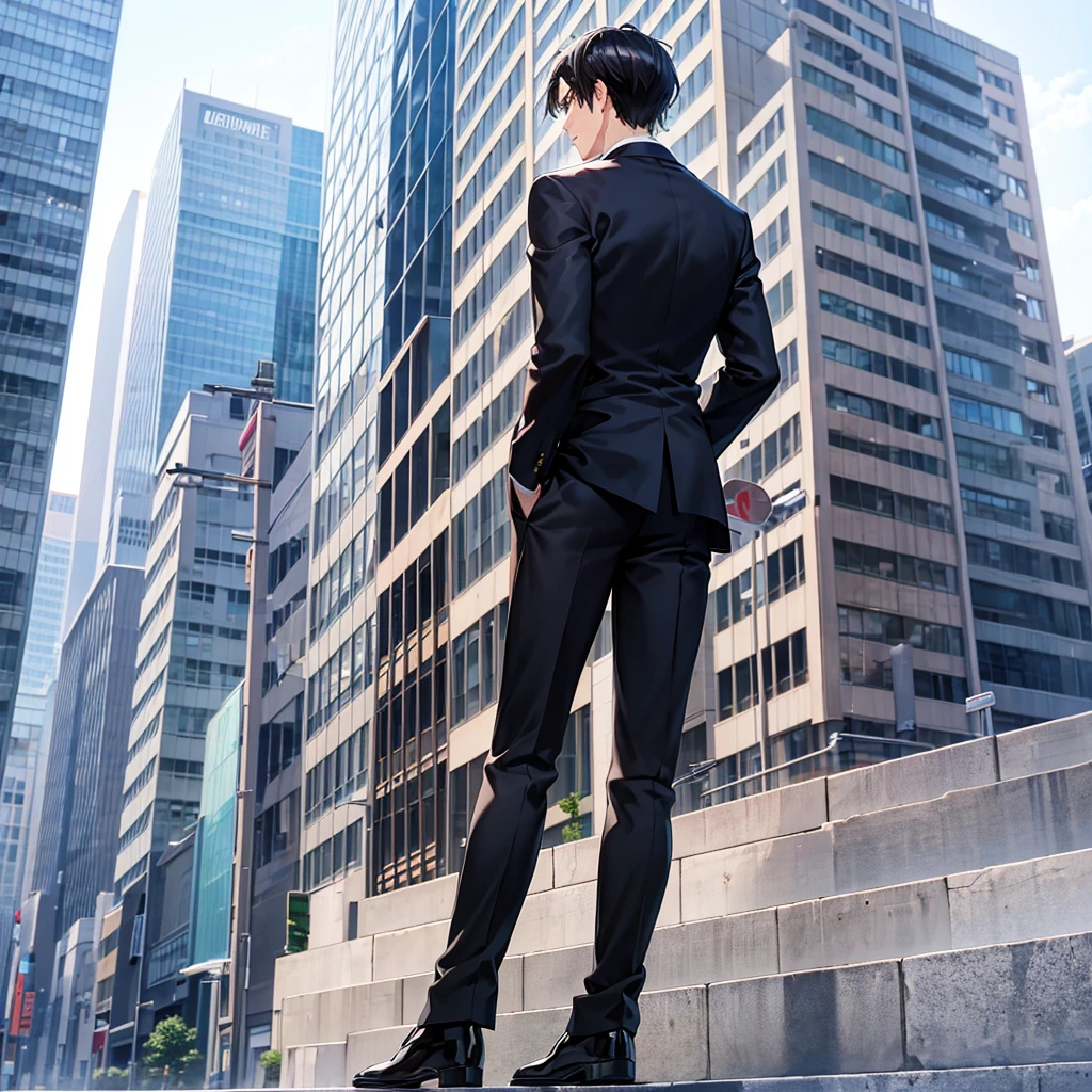 Anime black-haired man in a suit turns his back and stands in the city.