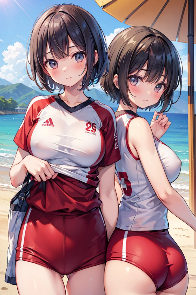 (Two Girls, Same height :1.2) ,Back view, Volleyball Uniforms, Couple Focus , (Cute Japanese Girl) , Very large breasts,(smile:0.7), Stand next to each other , Upper Body, Beach Volleyball,Recall, Realistic nipples, Realistic ass crack, Very Short Hair , (High color saturation:1.0), (Highly detailed skin), (Highest quality:1.2), (Ultra-high resolution:1.0) ,(Like the picture:1.0), (Ultra-detailed:1.0), (Realistic:1.2),(8K, RAW Photos:1.1)