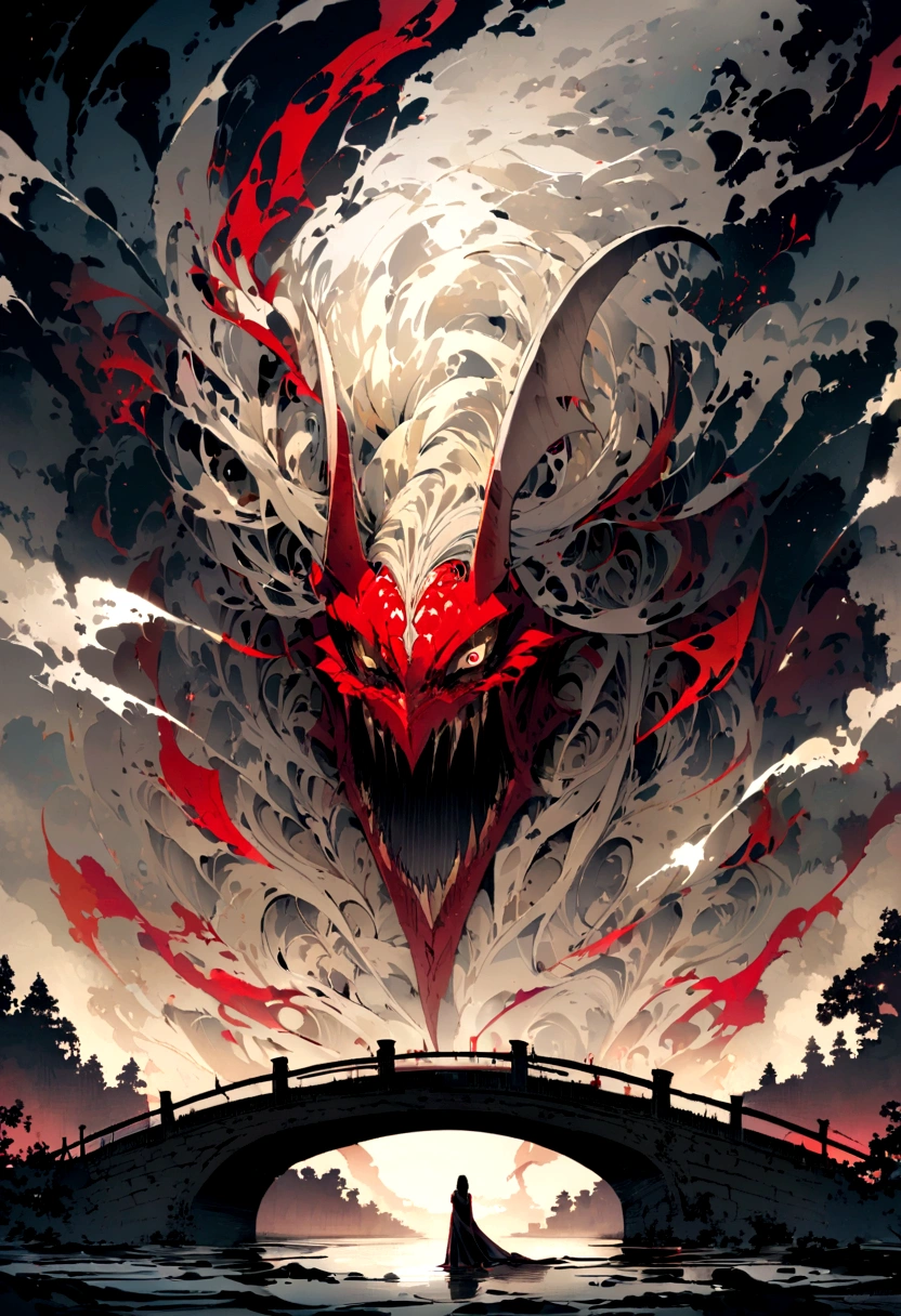 Please write a scene where a red demon is scaring a woman on an old bridge.。The demon is tall、Covered entirely in tattered white cloth。Only the face is visible through the fabric.。They have sharp eyes and long, pointed claws.、Orientation is landscape。