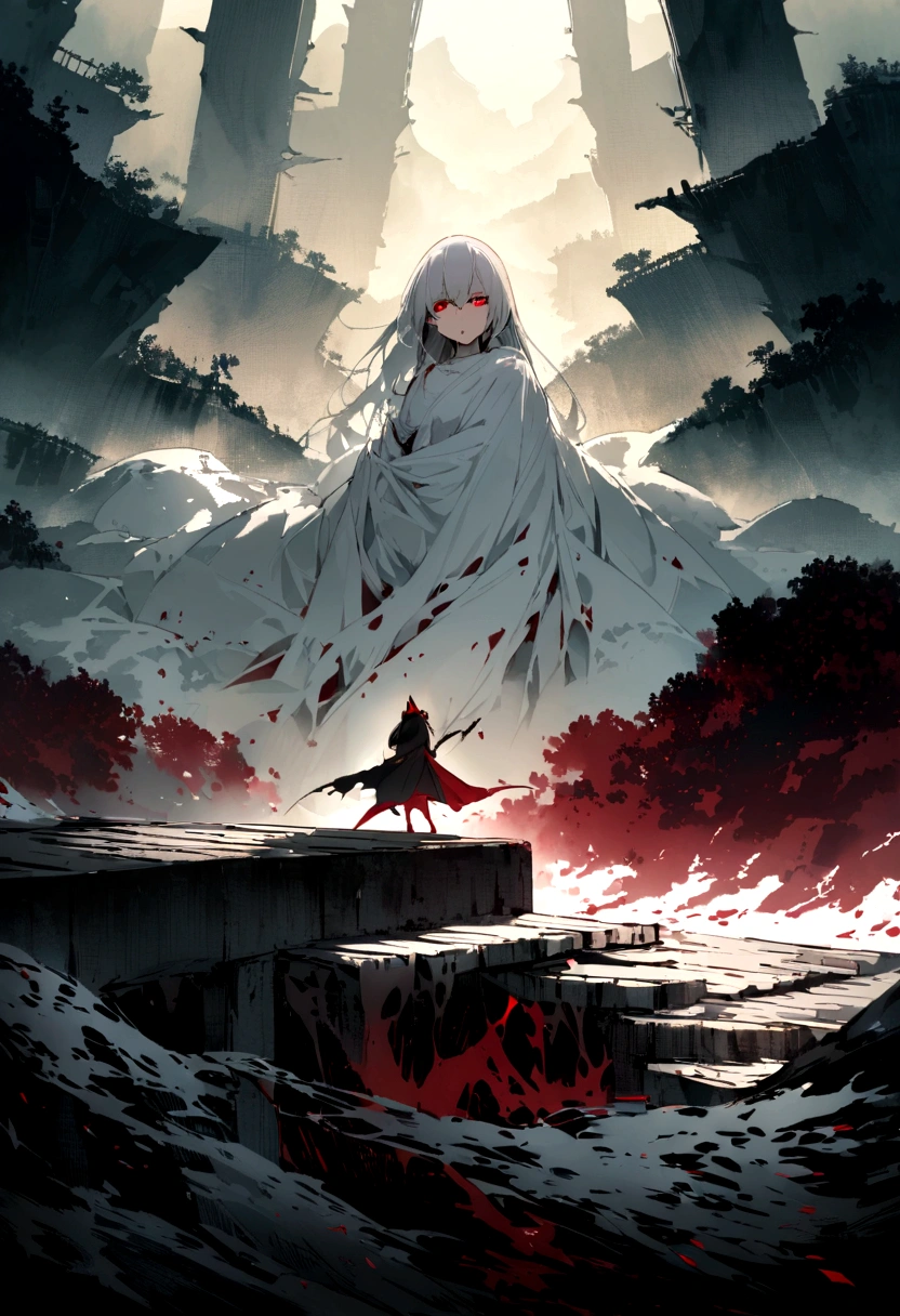 Please write a scene where a red demon is scaring a woman on an old bridge.。The demon is tall、Covered entirely in tattered white cloth。Only the face is visible through the fabric.。They have sharp eyes and long, pointed claws.、Orientation is landscape。